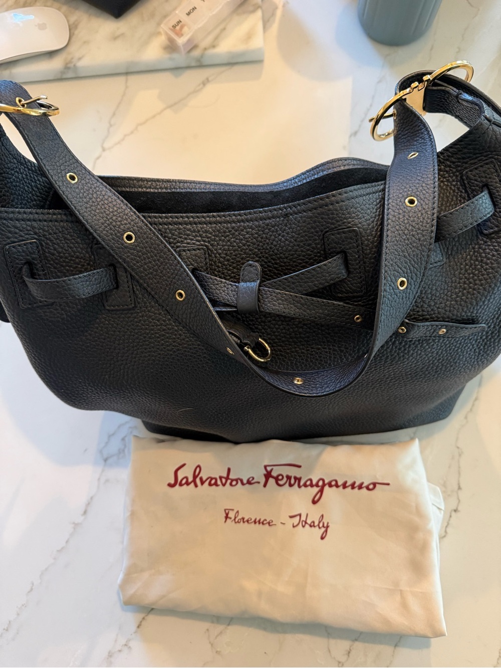 Salvatore Ferragamo Carla Pebbled Leather Shoulder Tote with Gold Hardware